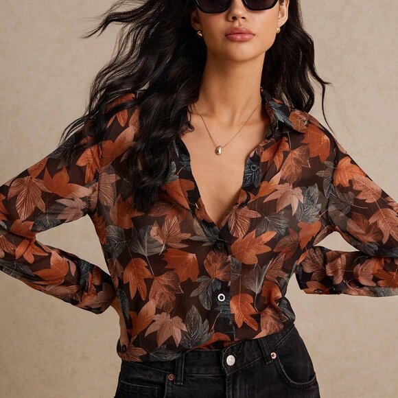 Multicolor Casual Women's Leaf Print Button Front Long Sleeve Shirt - Picture 2 of 6